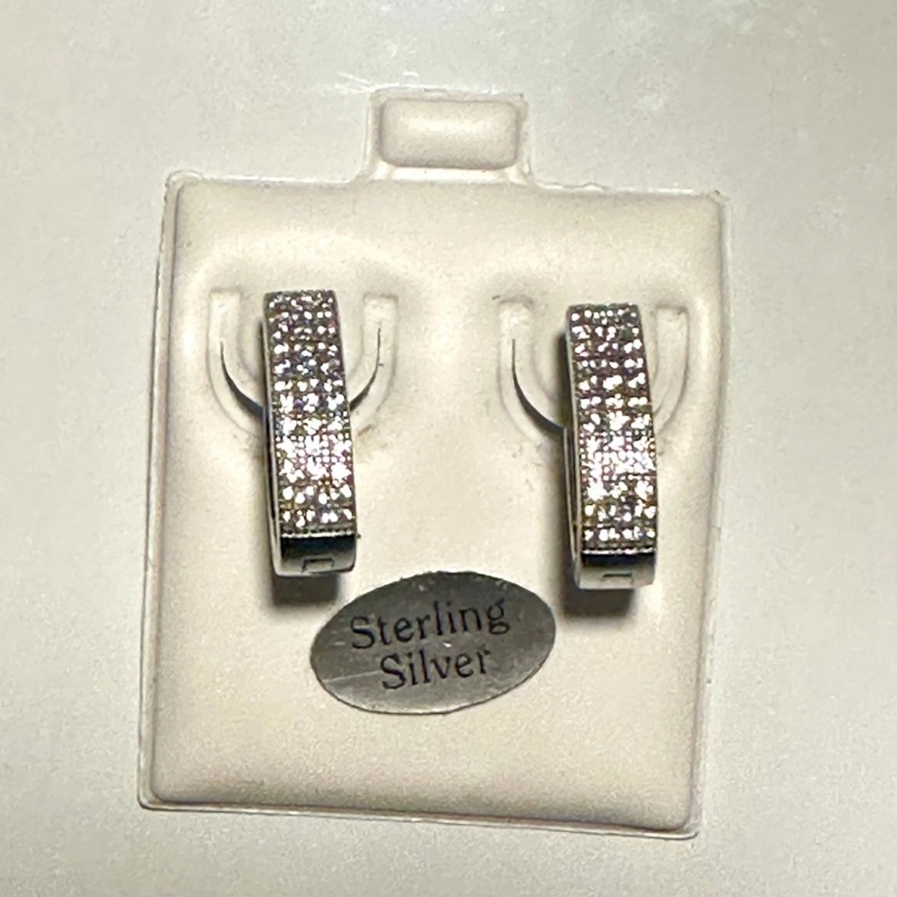 Sterling Silver Huggie Hoops Earrings Zircon Artisan Marked - BRAND NEW - Picture 2 of 11